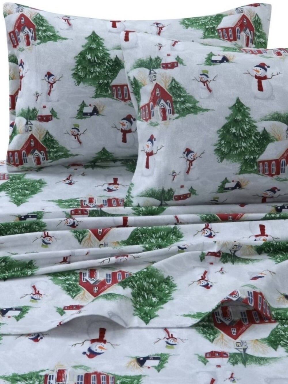 Tribeca Holiday Snowman & Village Flannel Sheet Set King- White/Green/Red